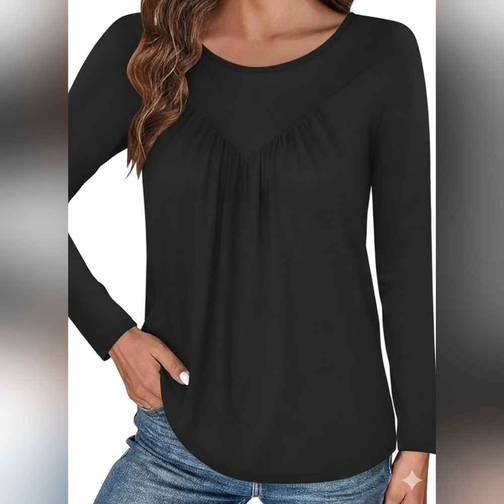 Black Pleated Front Long Sleeve Tunic Top Business Workwear Minimalist
